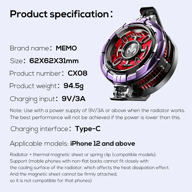 MEMO CX08 Pro 15W Hight Power Gaming Phone Cooler Type C Mobile Phone Cooling Fan high quality