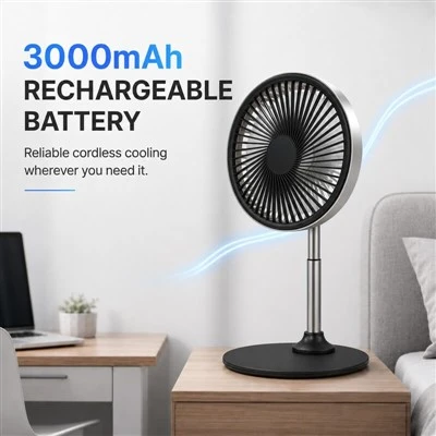 Ventilador recargable de 3 velocidades con poste telescópico y base metálica G13
